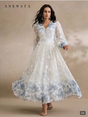 Anewsta Blue & White Floral V-Neck Maxi Dress